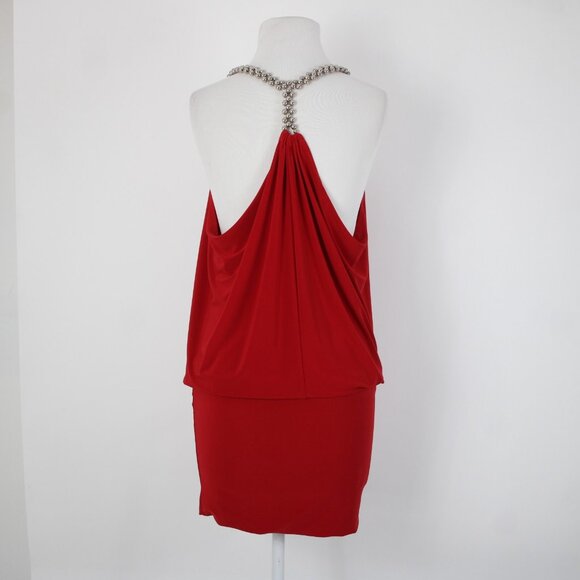 Cache Sz XS Red Silver Beads Racer Back Draped Polyester Spandex Dress - Picture 8 of 14